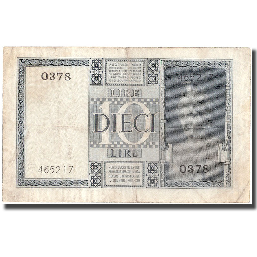Banknote, Italy, 10 Lire, 1938, 1938, KM:25b, EF(40-45)