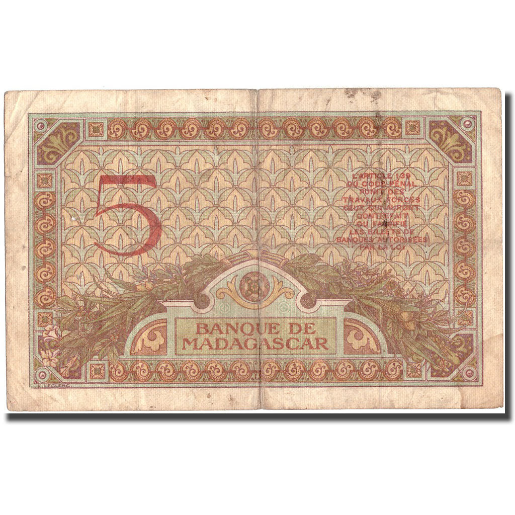 Banknote, Madagascar, 5 Francs, Undated (1937-47), KM:35, VF(30-35)