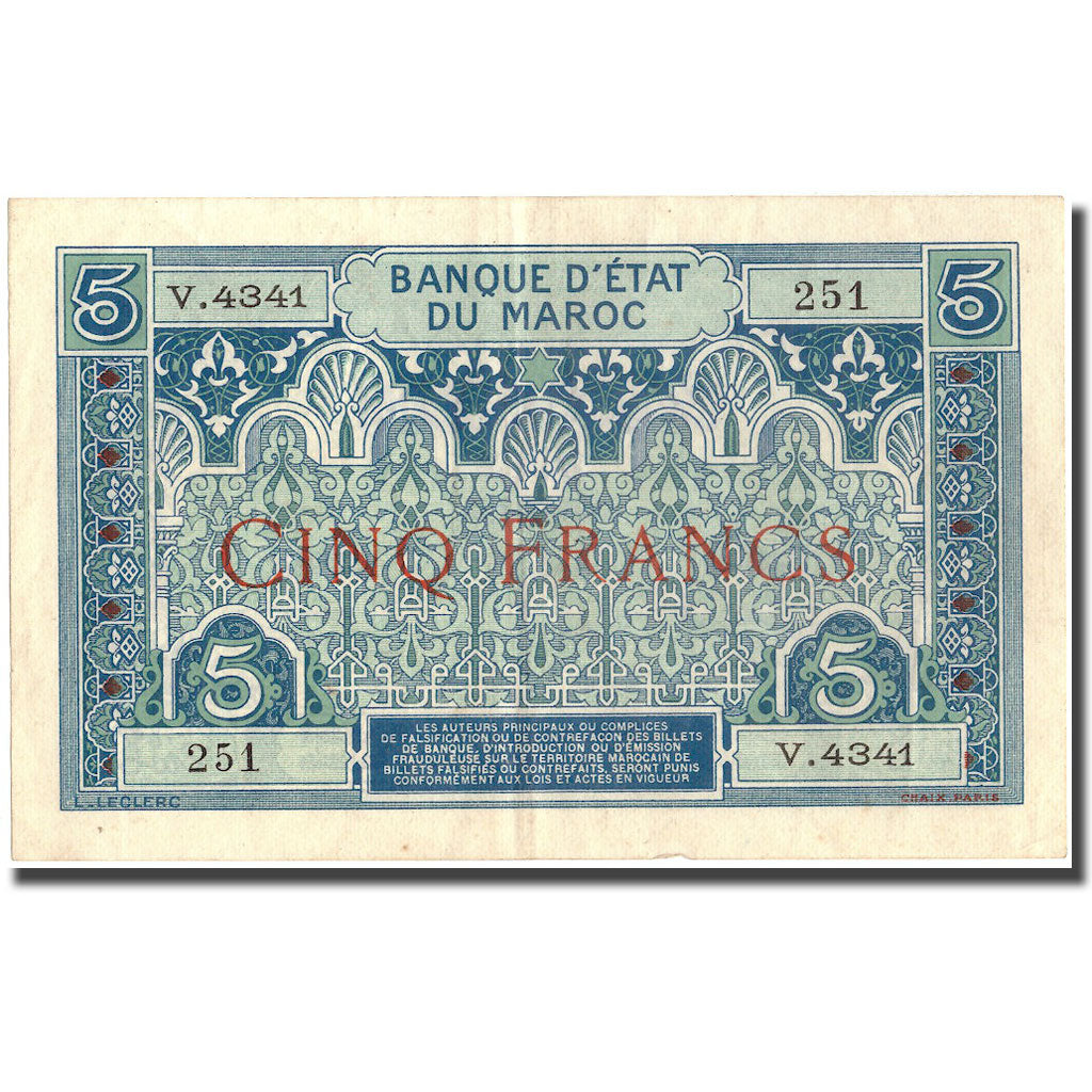 Banknote, Morocco, 5 Francs, 1924, 1924, KM:9, AU(50-53)