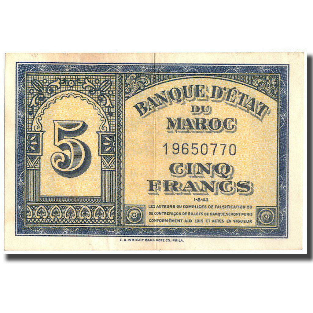 Banknote, Morocco, 5 Francs, 1943, 1943-08-01, KM:24, EF(40-45)