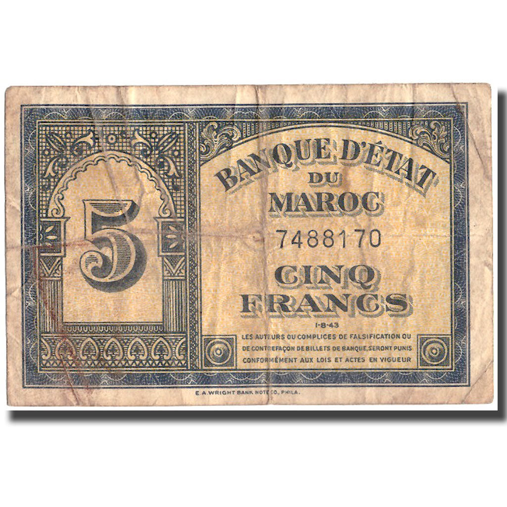 Banknote, Morocco, 5 Francs, 1943, 1943-08-01, KM:24, VF(30-35)