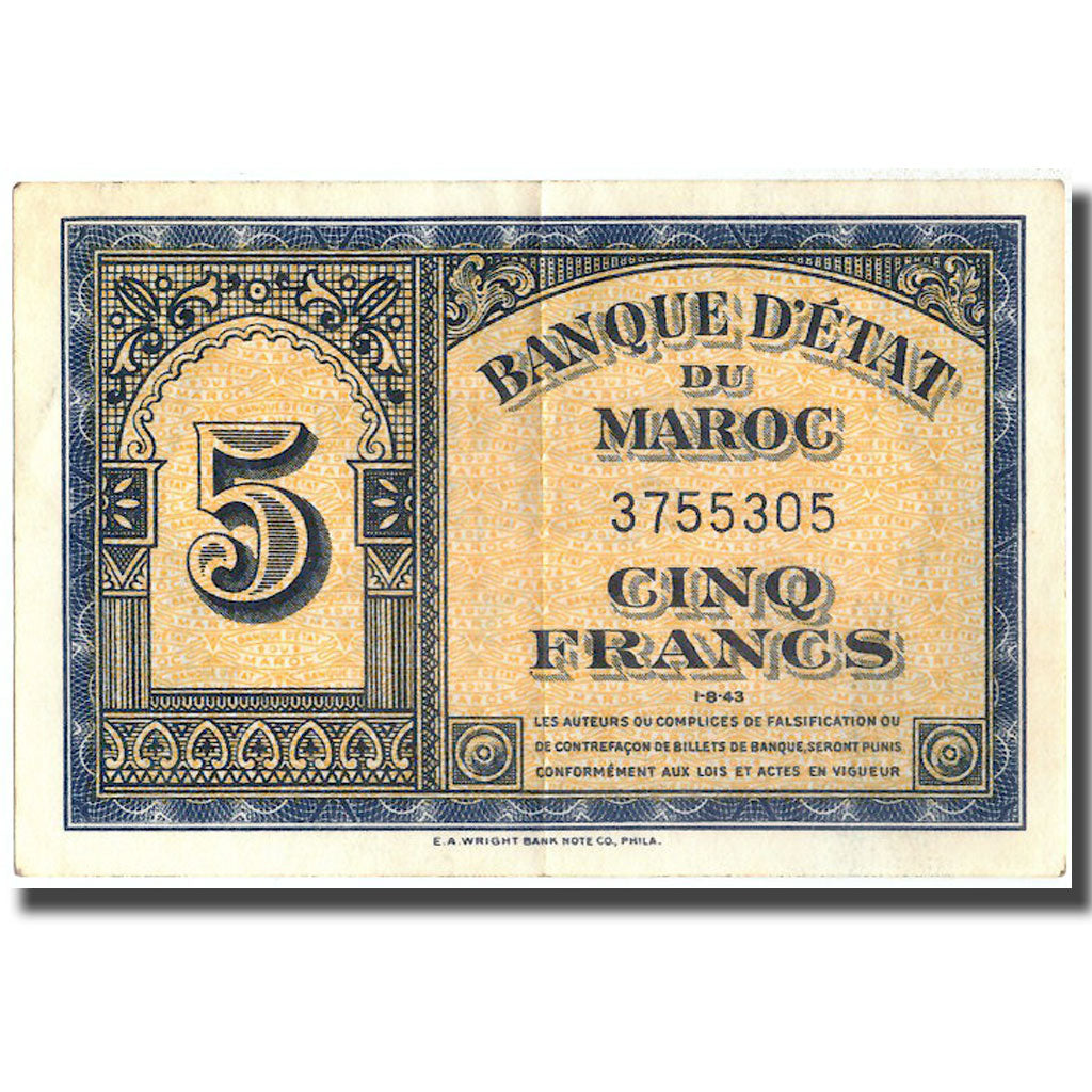 Banknote, Morocco, 5 Francs, 1943, 1943-08-01, KM:24, AU(55-58)