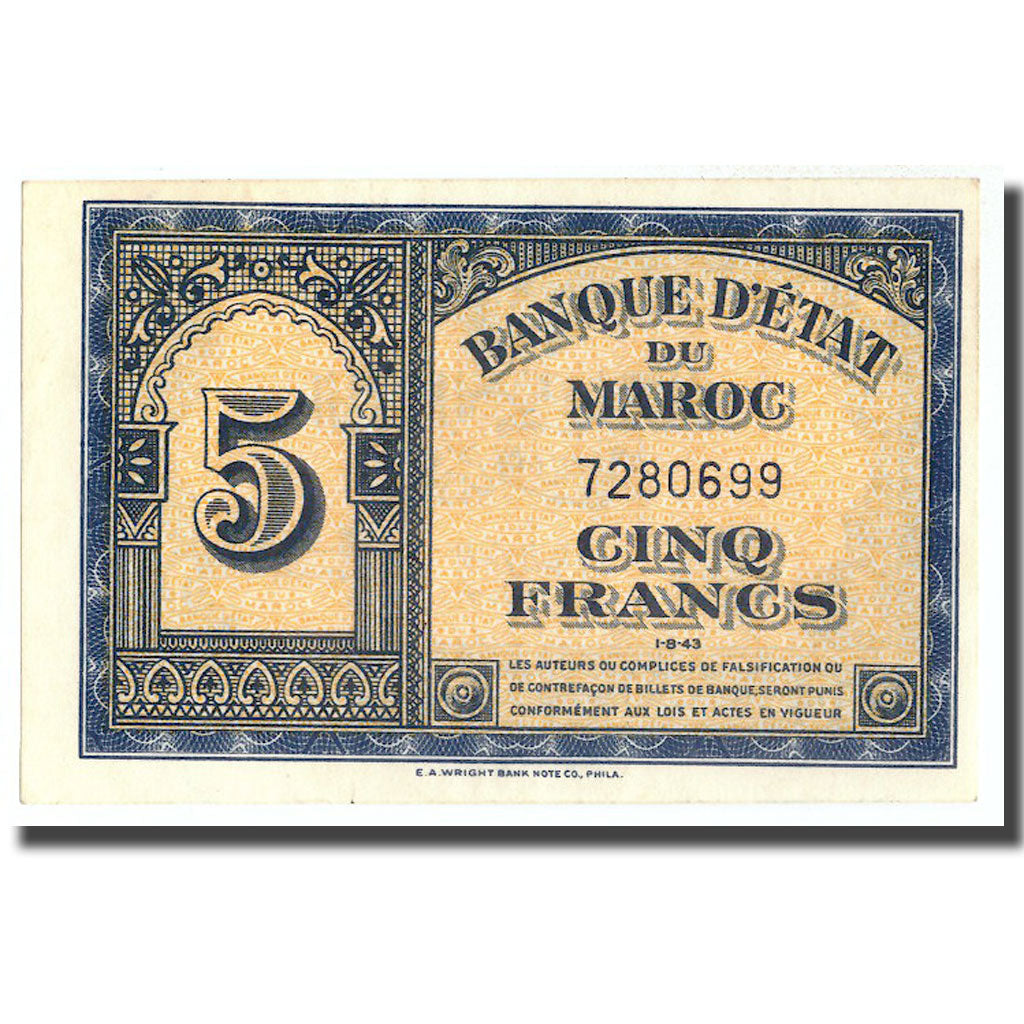 Banknote, Morocco, 5 Francs, 1943, 1943-08-01, KM:24, UNC(64)