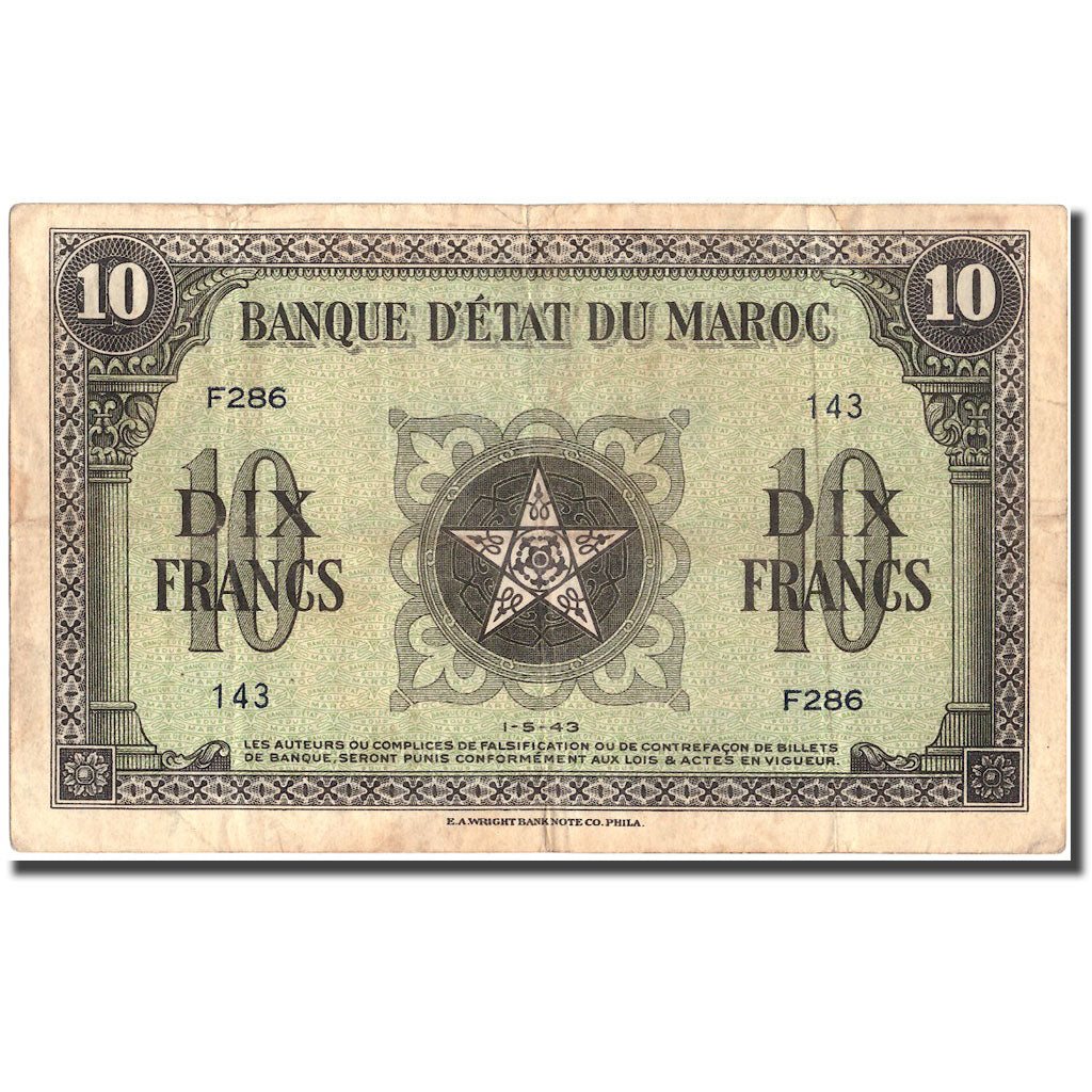 Banknote, Morocco, 10 Francs, 1943, 1943-05-01, KM:25a, EF(40-45)