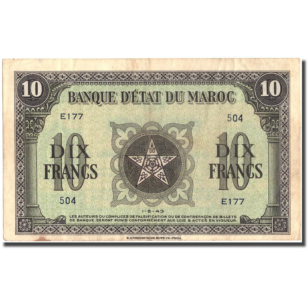 Banknote, Morocco, 10 Francs, 1943, 1943-05-01, KM:25a, EF(40-45)