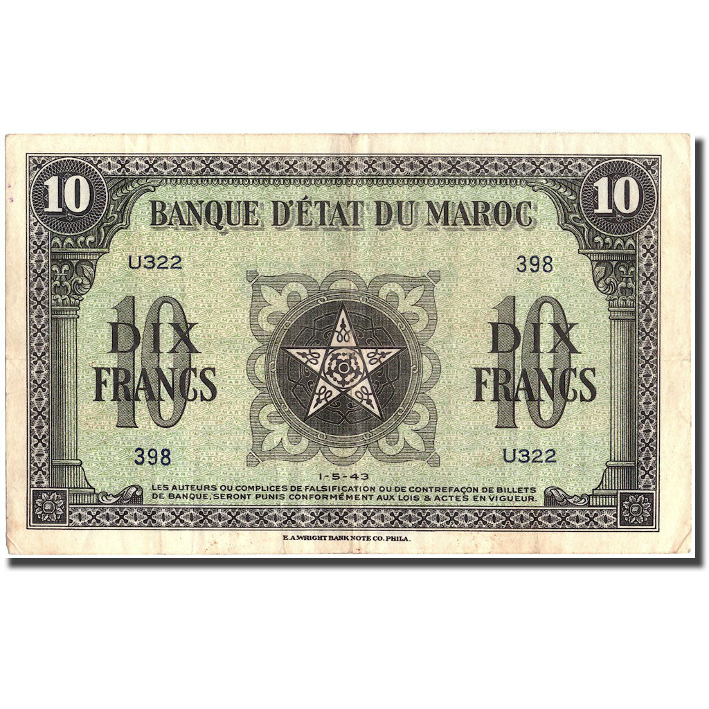 Banknote, Morocco, 10 Francs, 1943, 1943-05-01, KM:25a, EF(40-45)