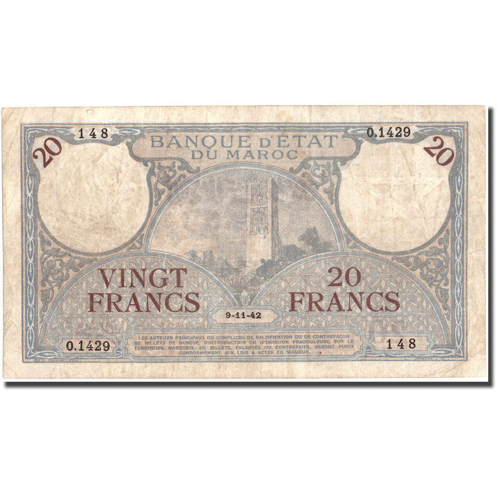 Banknote, Morocco, 20 Francs, 1942, 1942-11-09, KM:18b, EF(40-45)