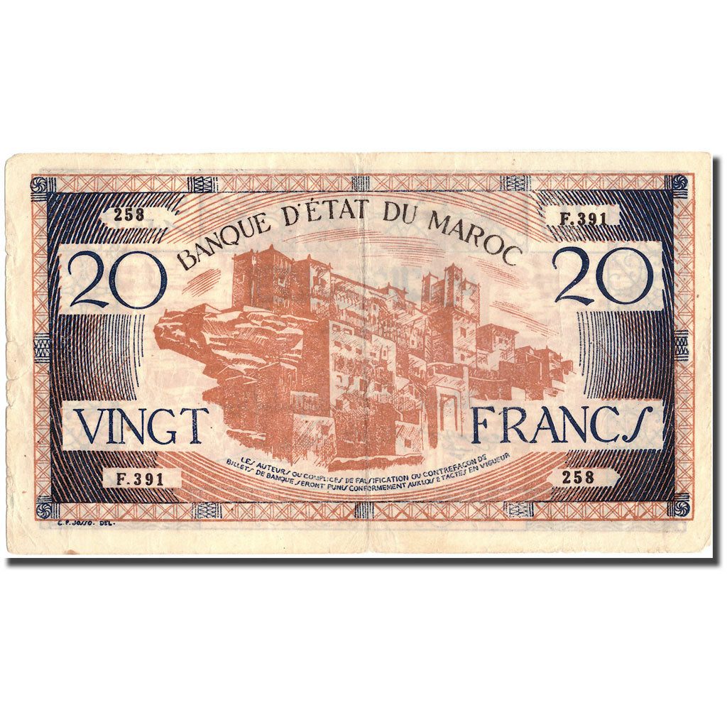 Banknot, Maroko, 20 Francs, KM:39, EF(40-45)