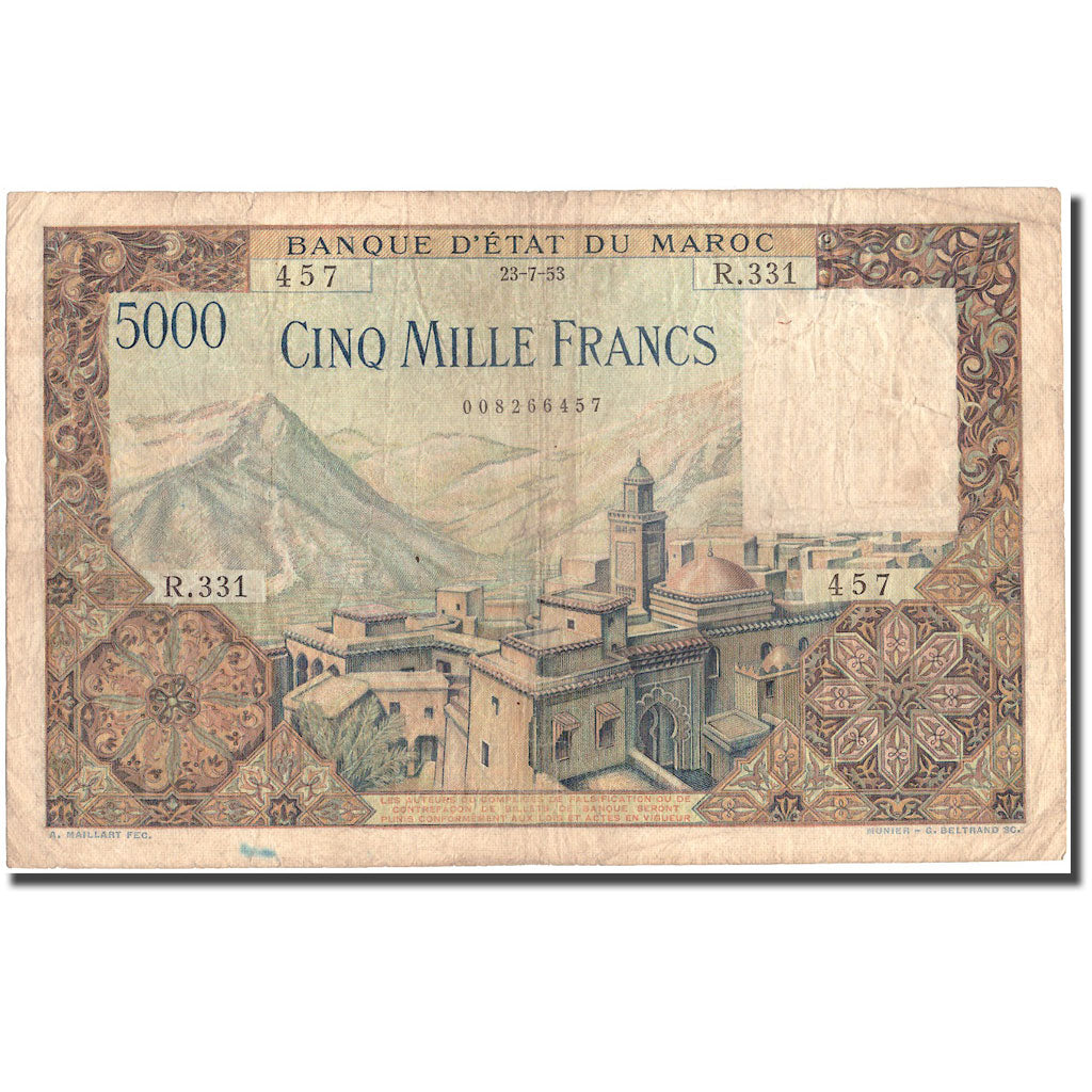 Banconote, Marocco, 5000 Francs, 1953, 1953-07-23, KM:49, MB+