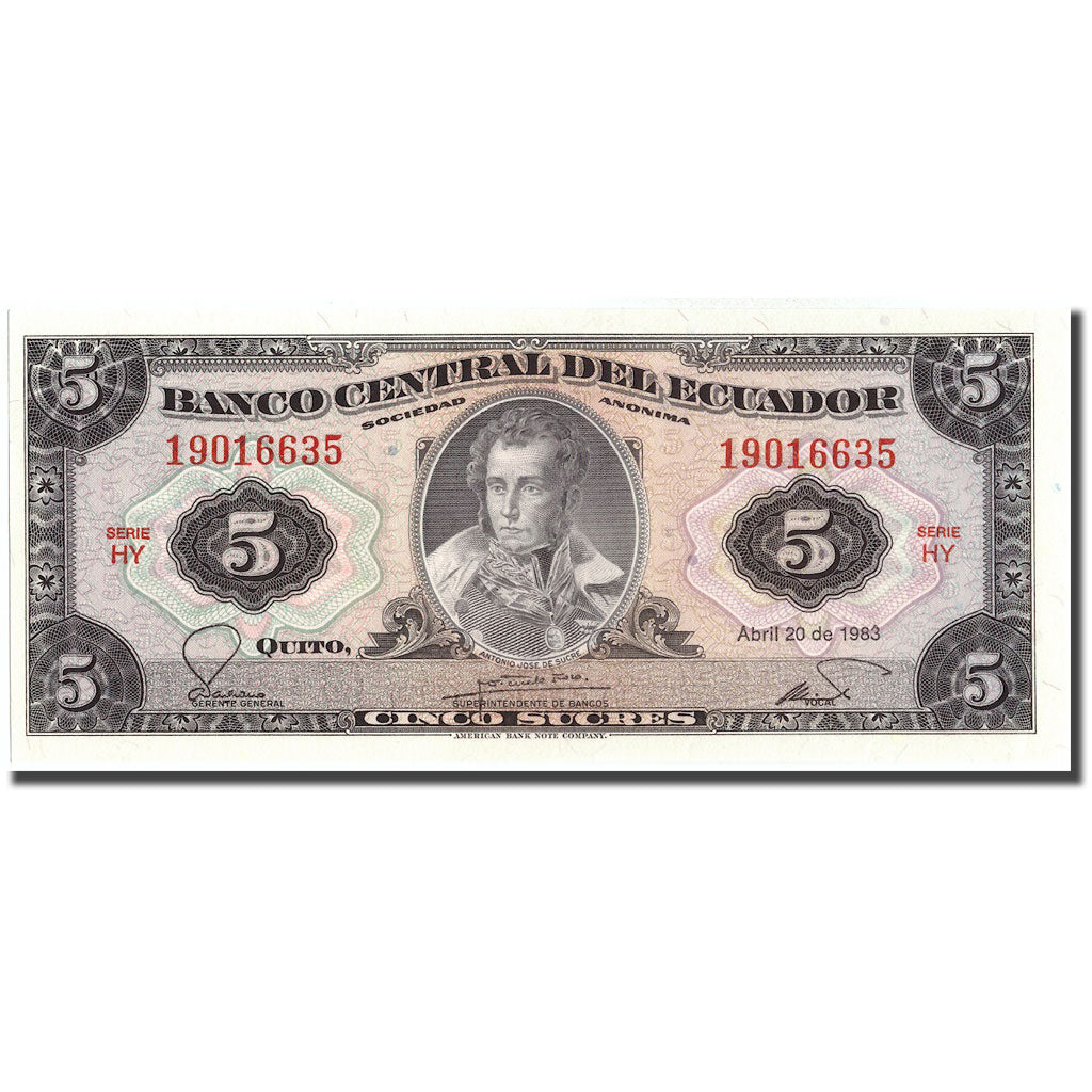 Banknote, Ecuador, 5 Sucres, 1983, 1983-04-20, KM:108b, UNC(65-70)