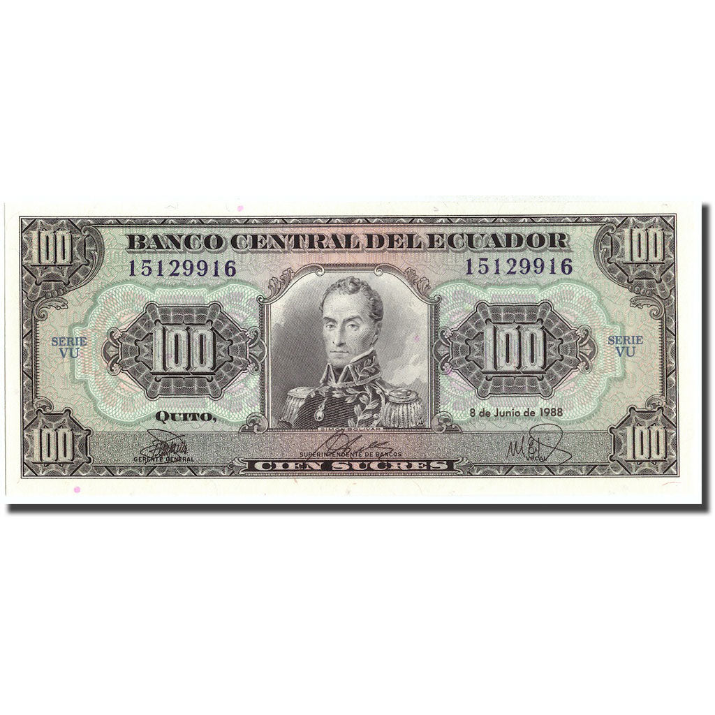 Banknote, Ecuador, 100 Sucres, 1988, 1988-06-08, KM:123Aa, UNC(65-70)