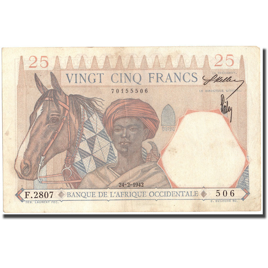 Banknot, Francuska Afryka Zachodnia, 25 Francs, 1942, 1942-02-24, KM:27