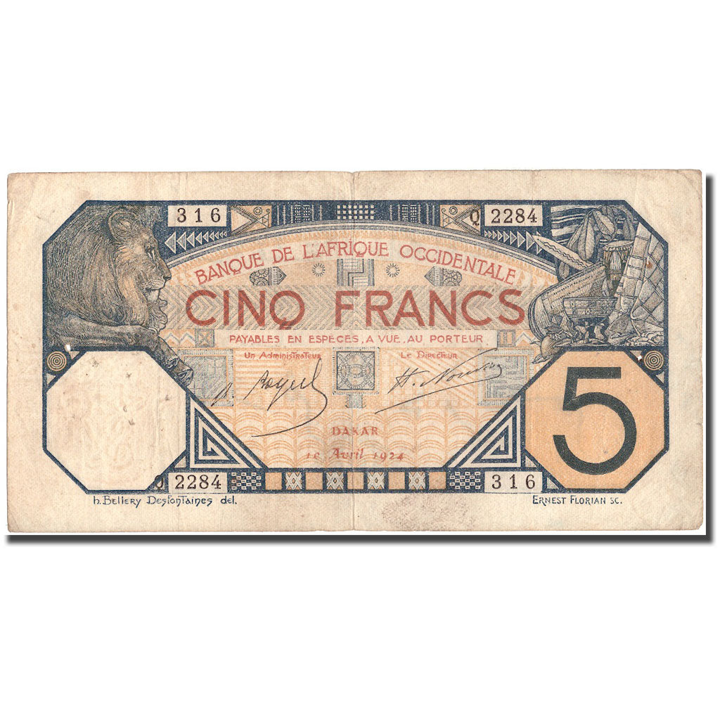 Banconote, Africa occidentale francese, 5 Francs, 1924, 1924-04-10, KM:5Bb, MB