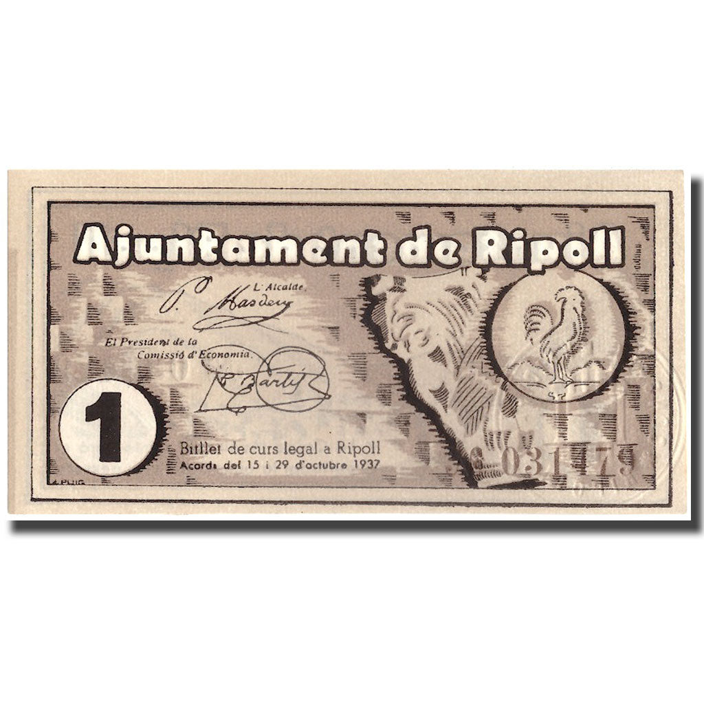 Banknote, Spain, 1 Peseta, Ripoll, 1937, 1937, UNC(65-70)