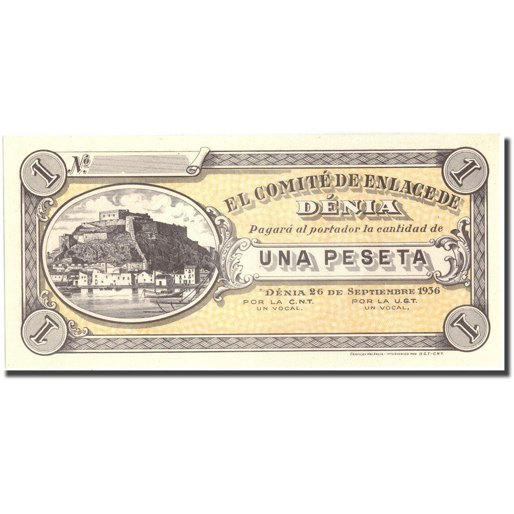 Banknote, Spain, 1 Peseta, Denia, 1936, 1936, UNC(65-70)