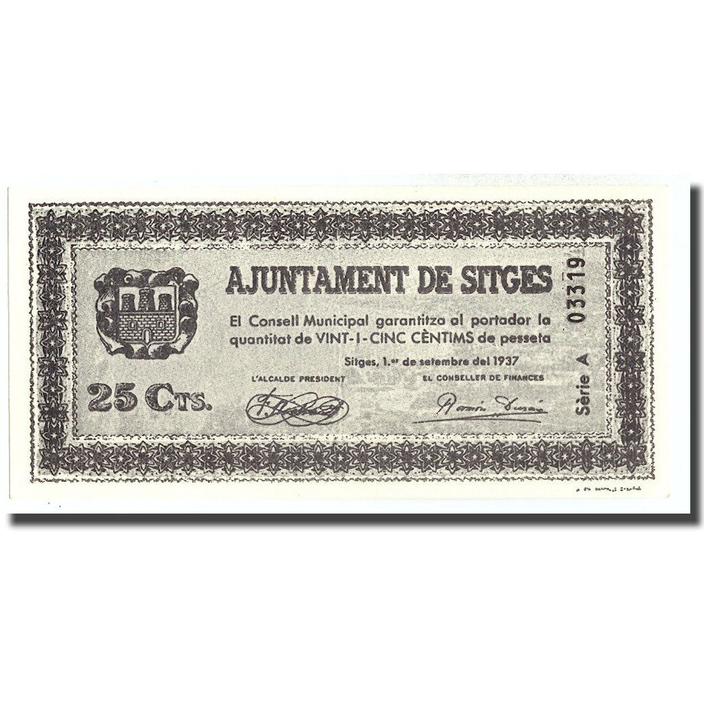 Banknote, Spain, 25 Centimes, Sitges, 1937, 1937-09-01, UNC(65-70)