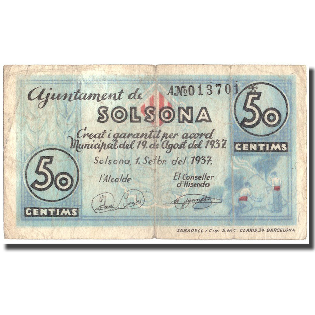 Banconote, Spagna, 50 Centimes, Solsona, 1937, 1937, MB