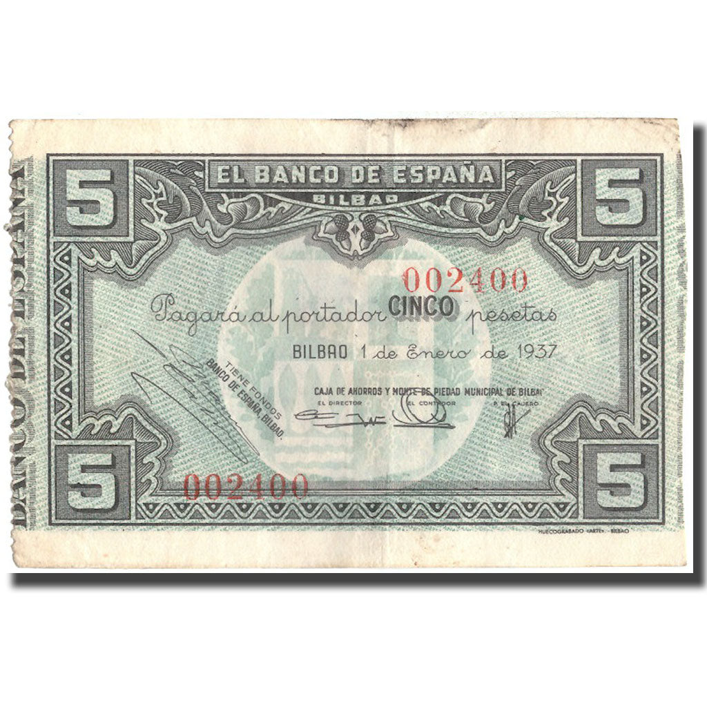 Banknote, Spain, 5 Pesetas, Bilbao, 1937, 1937, EF(40-45)