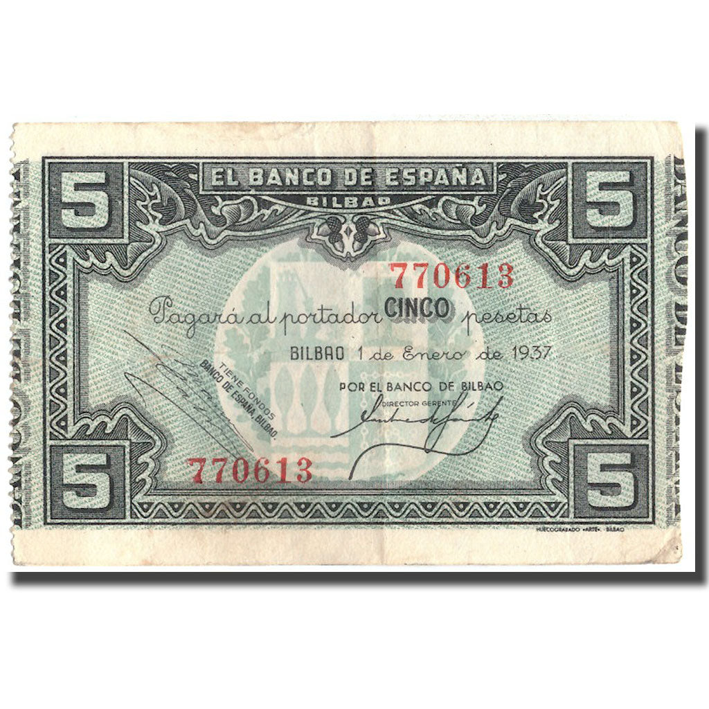 Banknote, Spain, 5 Pesetas, Bilbao, 1937, 1937, VF(30-35)
