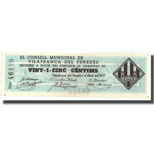 Billet, Espagne, 25 Centimes, Vilafranca del penedès, 1937, 1937, SUP+