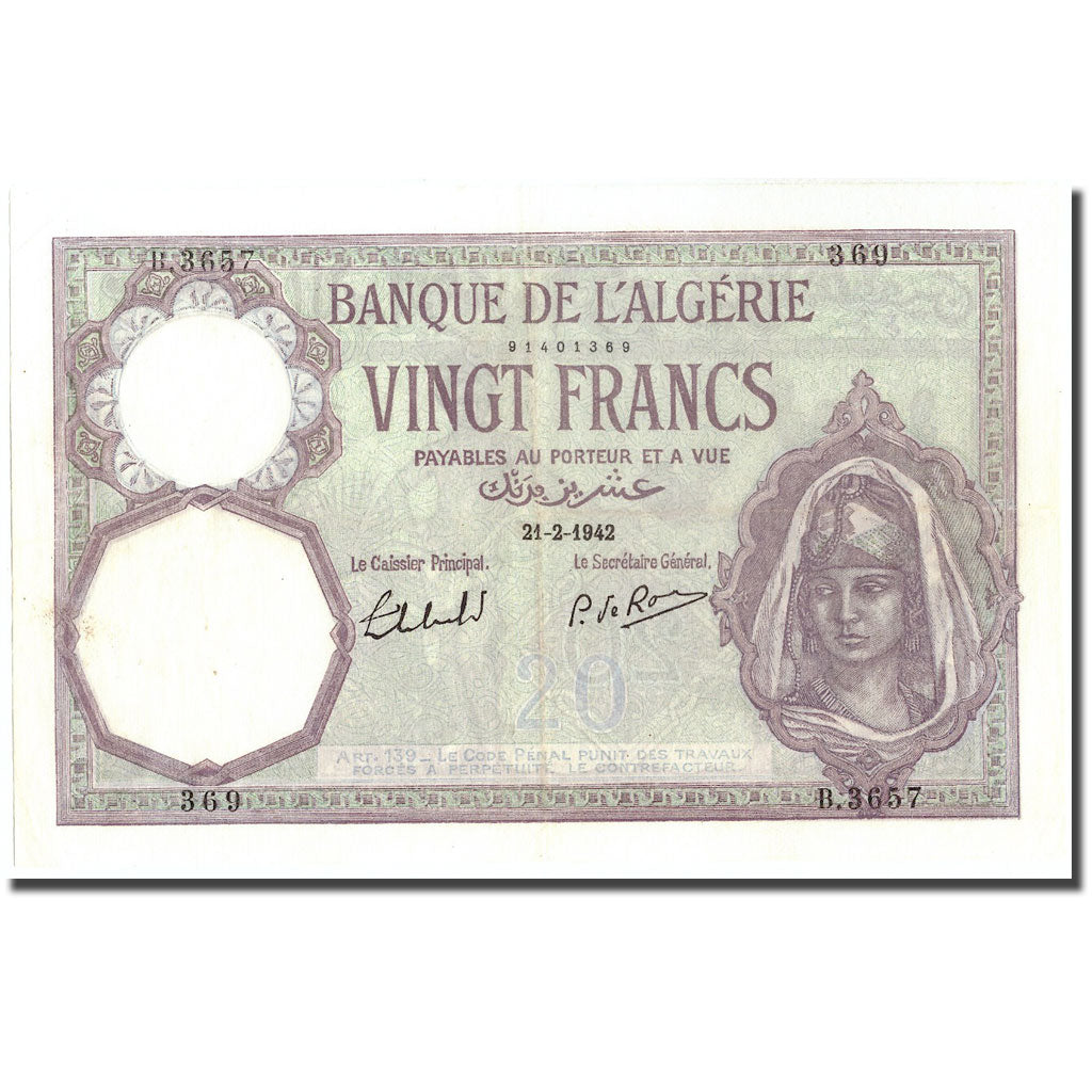 Banknote, Algeria, 20 Francs, 1942, 1942-02-21, KM:78b, AU(55-58)