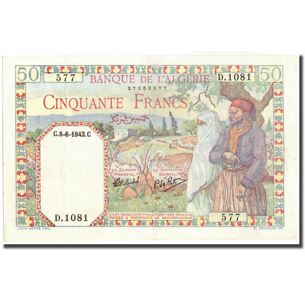 Banknote, Algeria, 50 Francs, 1942, 1942-06-08, KM:84, AU(55-58)