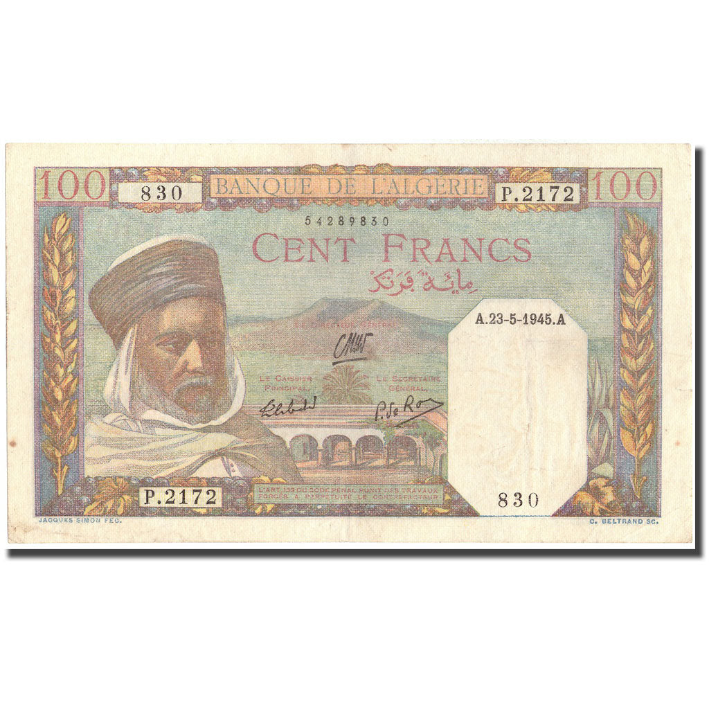 Geldschein, Algeria, 100 Francs, 1945, 1945-05-23, KM:85, SS+
