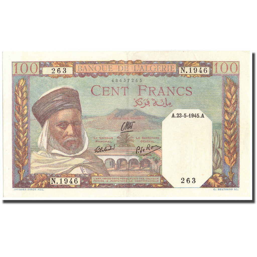 Geldschein, Algeria, 100 Francs, 1945, 1945-05-23, KM:85, VZ+