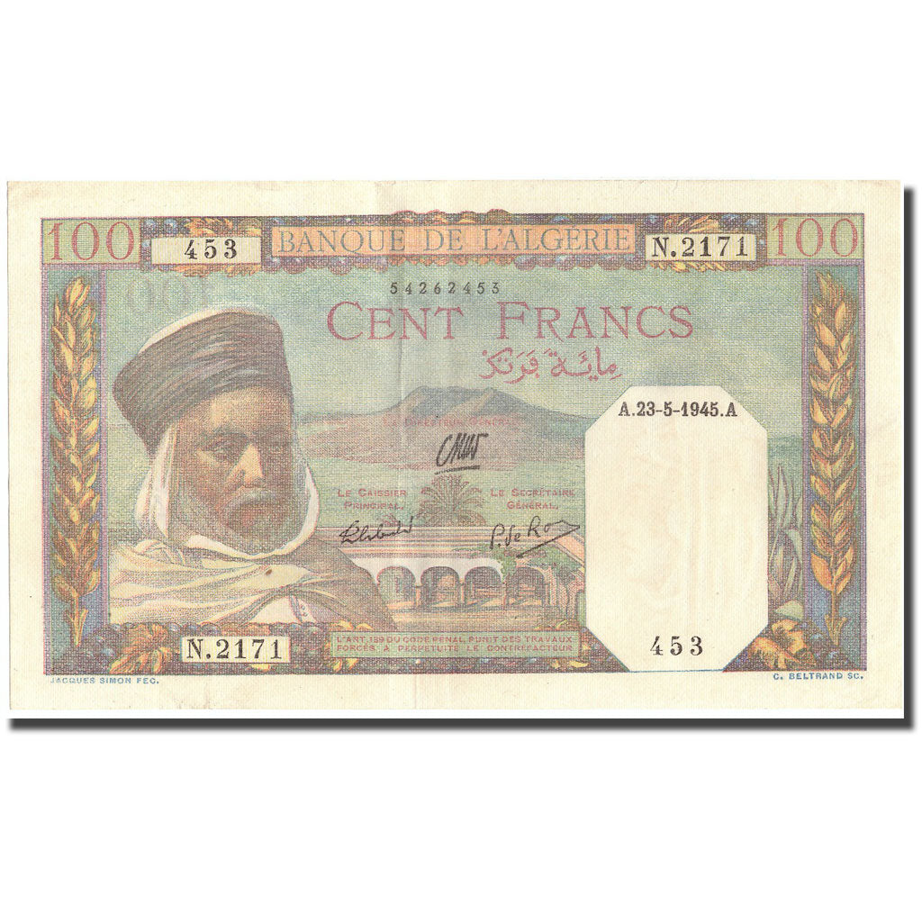 Biljet, Algerije, 100 Francs, 1945, 1945-05-23, KM:85, SUP+