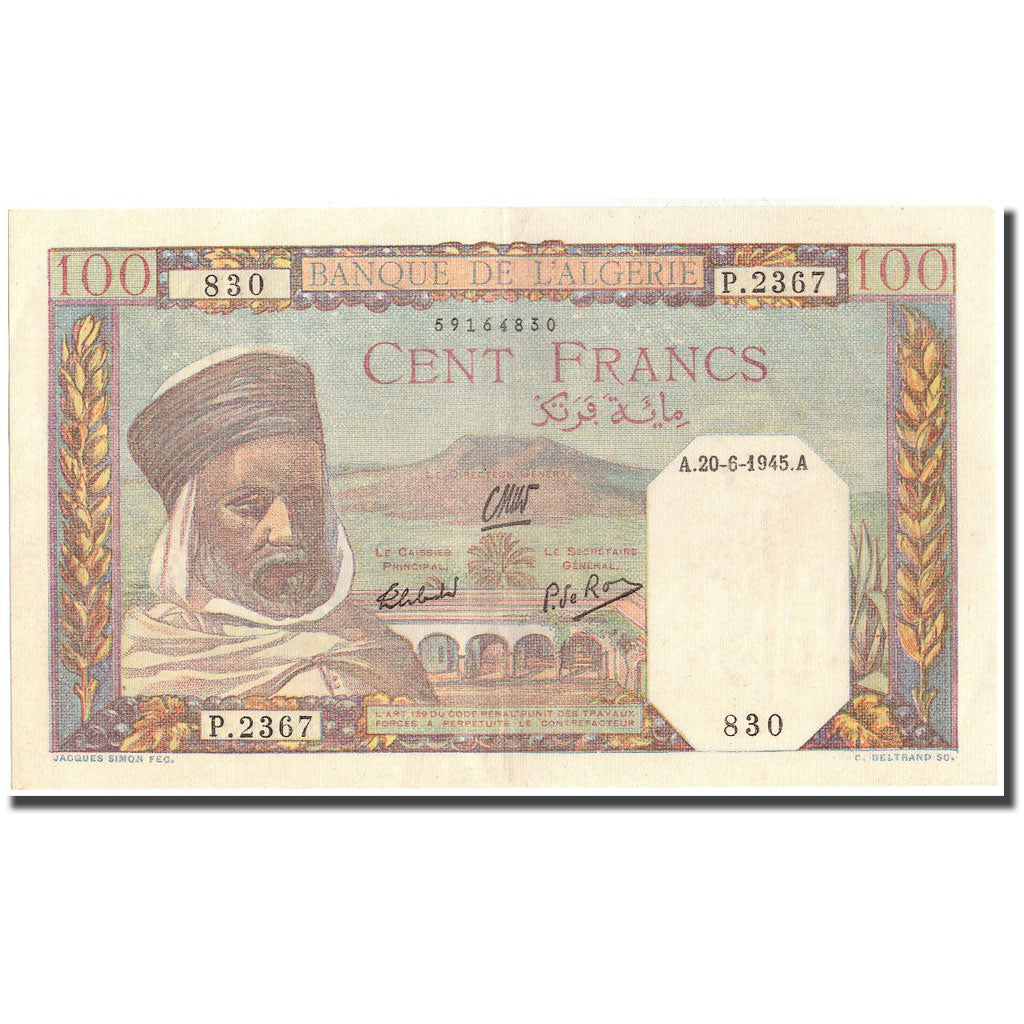 Geldschein, Algeria, 100 Francs, 1945, 1945-06-20, KM:85, UNZ-