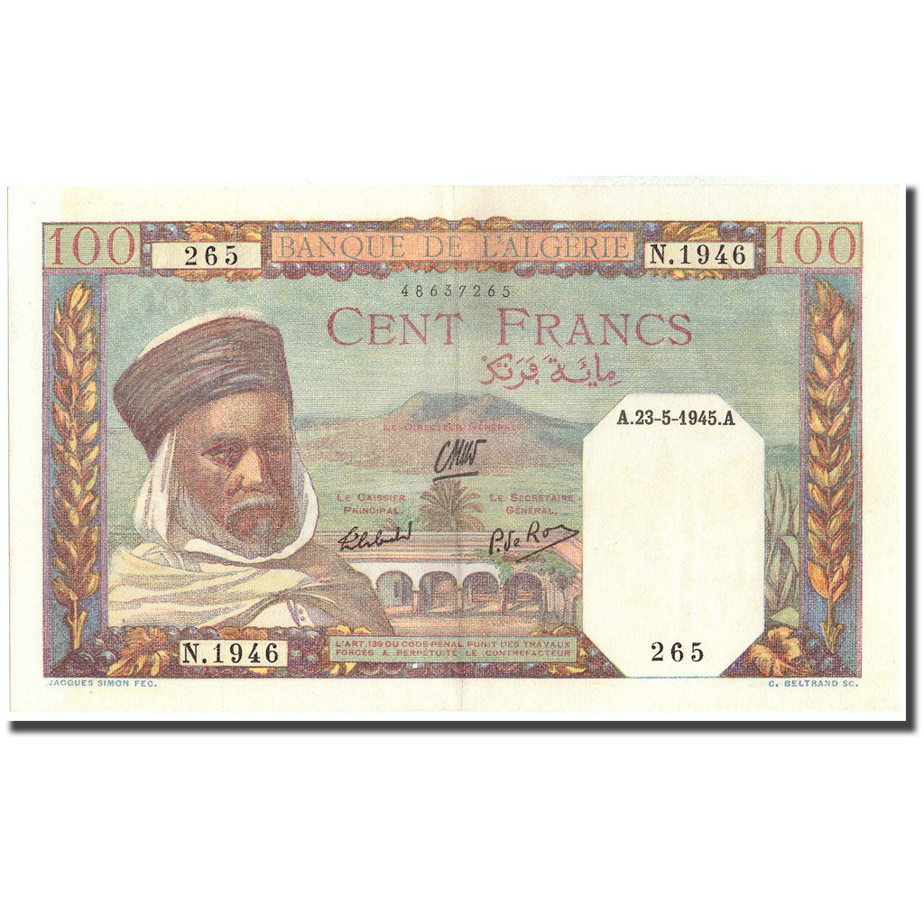 Geldschein, Algeria, 100 Francs, 1945, 1945-05-23, KM:85, UNZ-