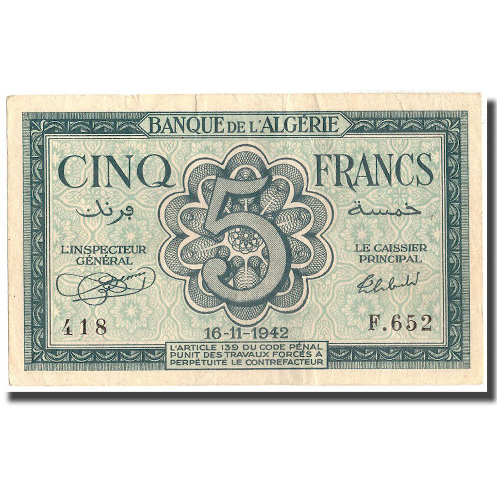 Banknote, Algeria, 5 Francs, 1942, 1942-11-16, KM:91, EF(40-45)