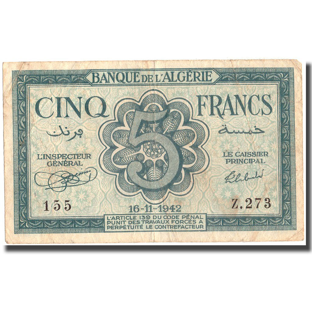Banknote, Algeria, 5 Francs, 1942, 1942-11-16, KM:91, EF(40-45)