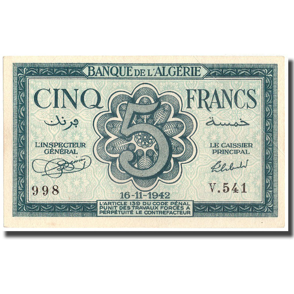 Banknote, Algeria, 5 Francs, 1942, 1942-11-16, KM:91, AU(50-53)