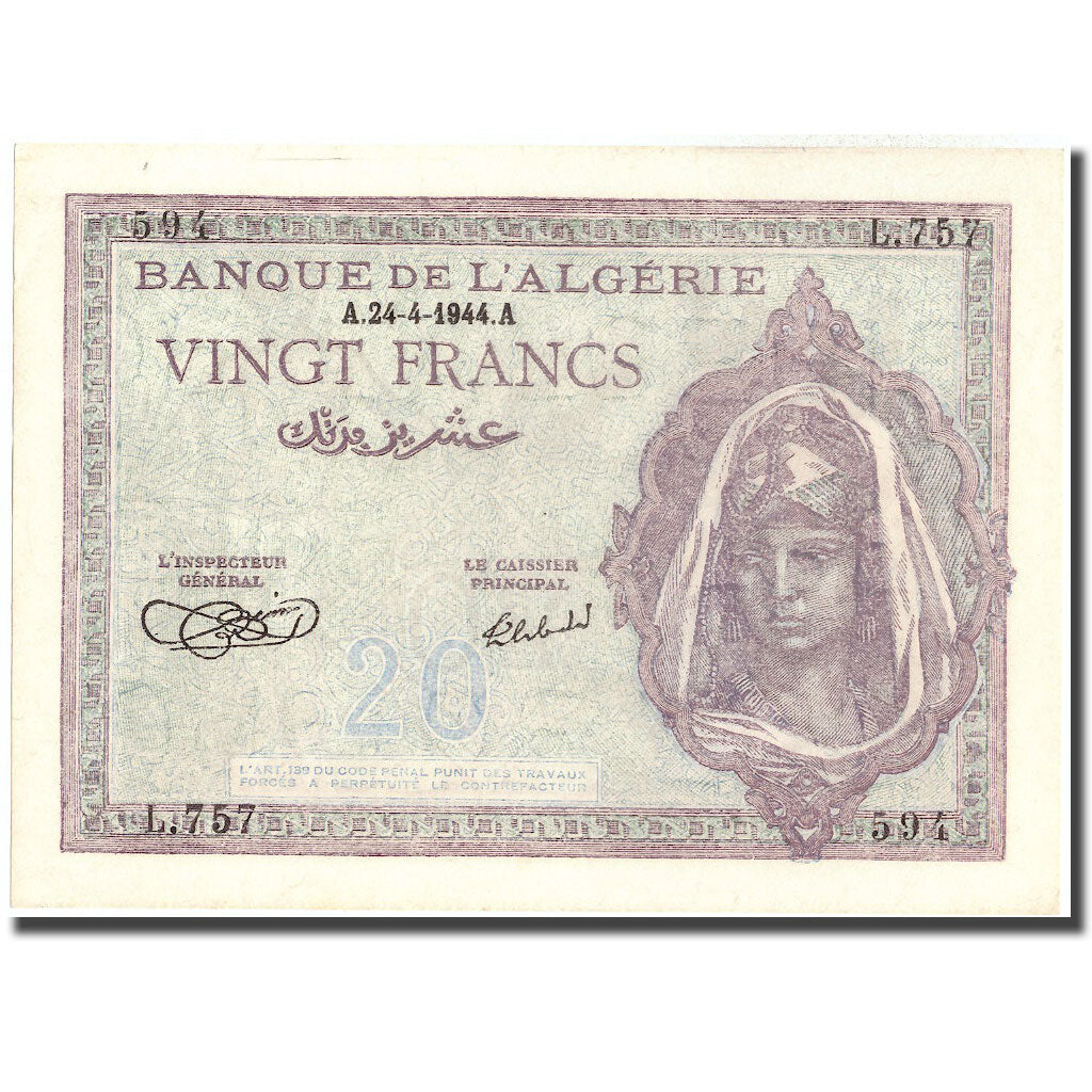 Geldschein, Algeria, 20 Francs, 1944, 1944-04-24, KM:92a, VZ+