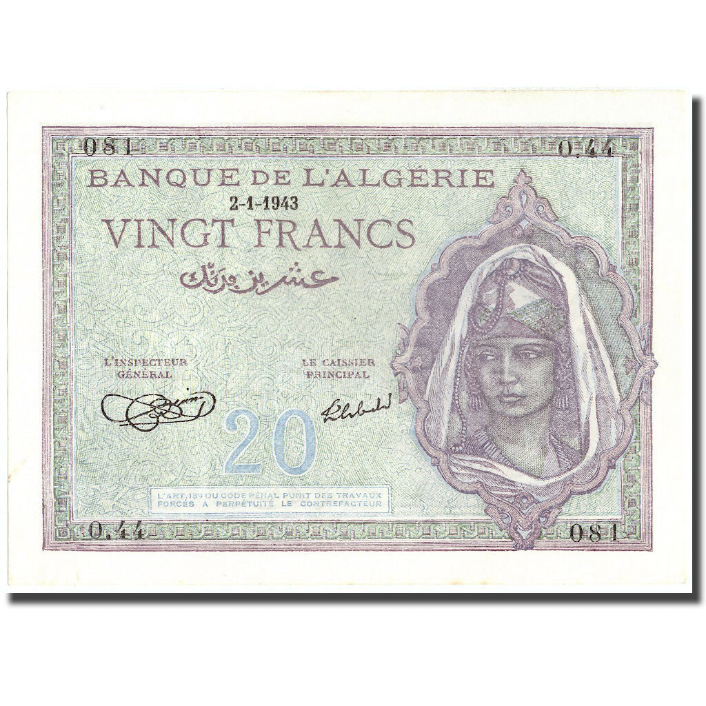 Banknote, Algeria, 20 Francs, 1943, 1943-01-02, KM:92a, UNC(63)