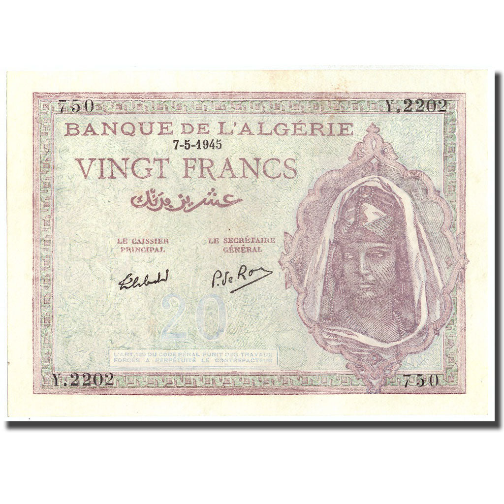 Geldschein, Algeria, 20 Francs, 1945, 1945-05-07, KM:92b, UNZ-