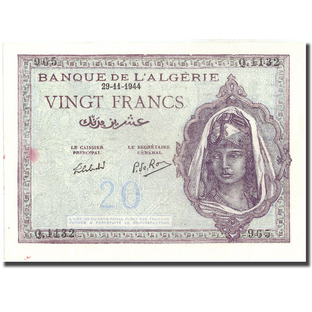 Geldschein, Algeria, 20 Francs, 1944, 1944-11-29, KM:92b, UNZ-