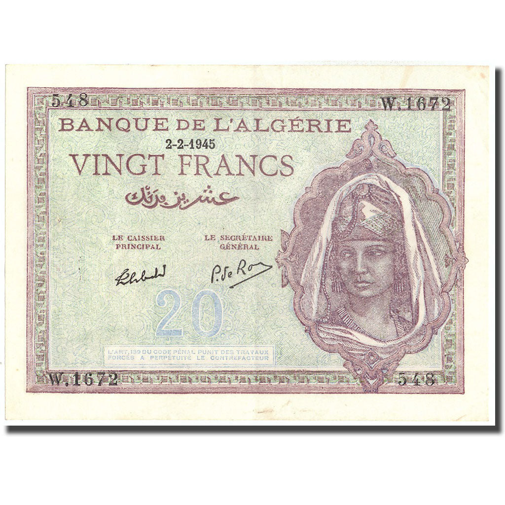 Banknote, Algeria, 20 Francs, 1945, 1945-02-02, KM:92b, AU(55-58)