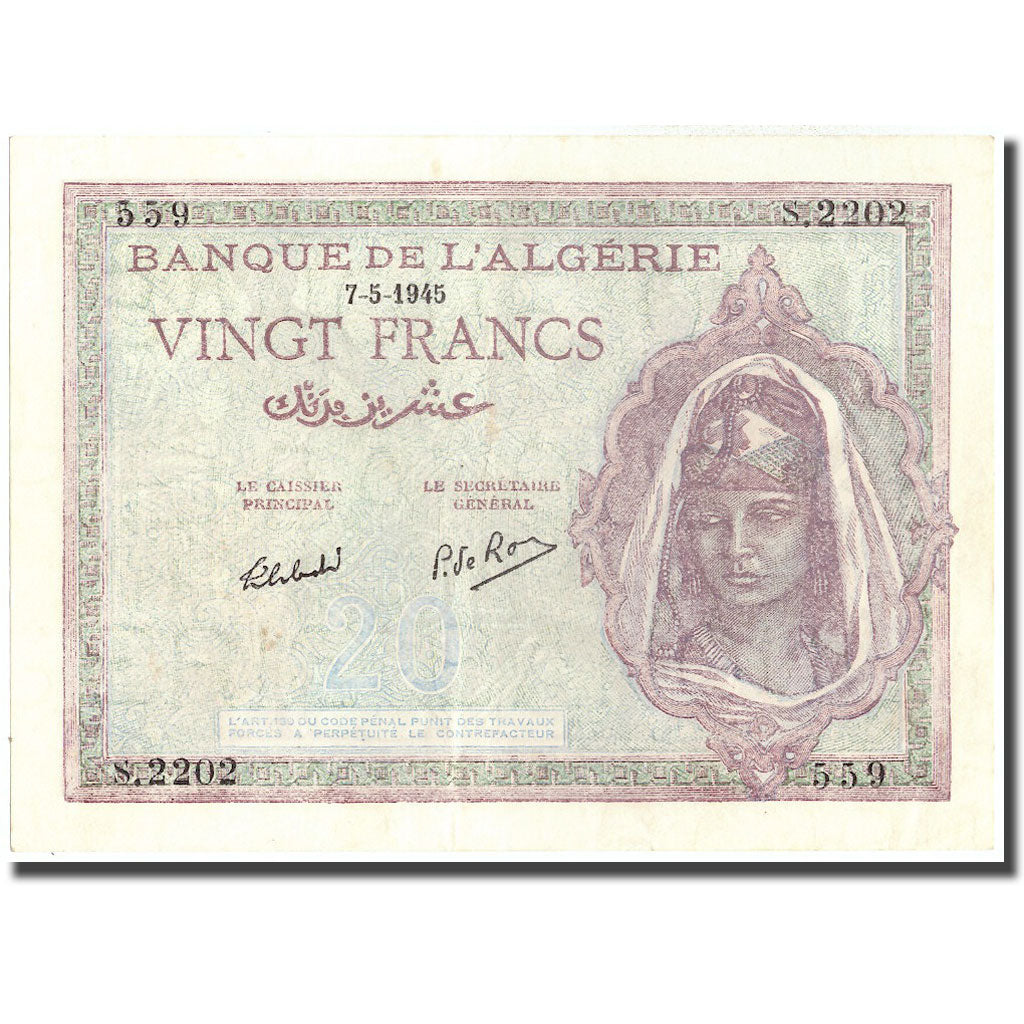 Geldschein, Algeria, 20 Francs, 1945, 1945-05-07, KM:92b, VZ