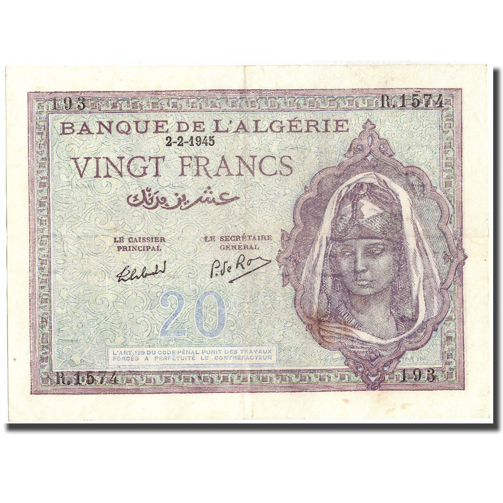 Banknote, Algeria, 20 Francs, 1945, 1945-02-02, KM:92b, EF(40-45)
