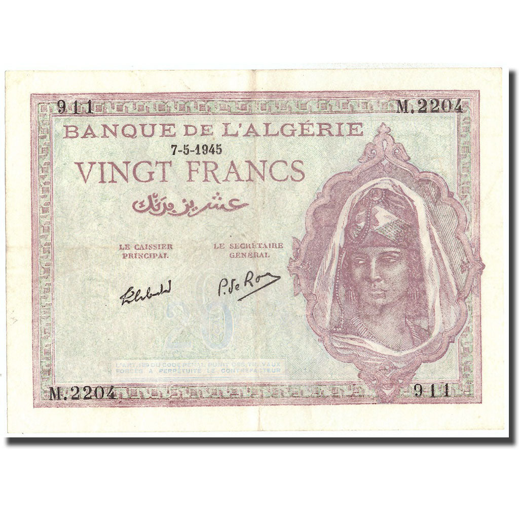 Banknote, Algeria, 20 Francs, 1945, 1945-05-07, KM:92b, EF(40-45)