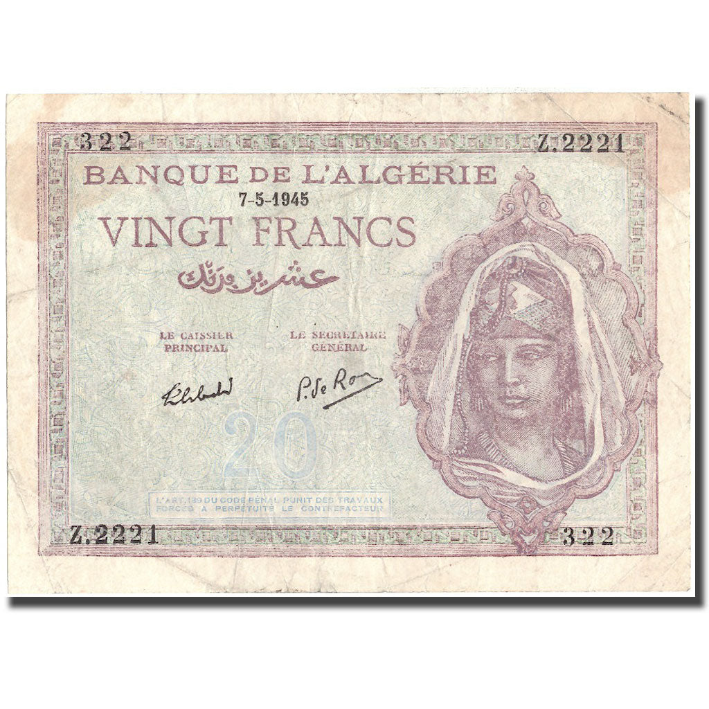 Banknote, Algeria, 20 Francs, 1945, 1945-05-07, KM:92b, EF(40-45)