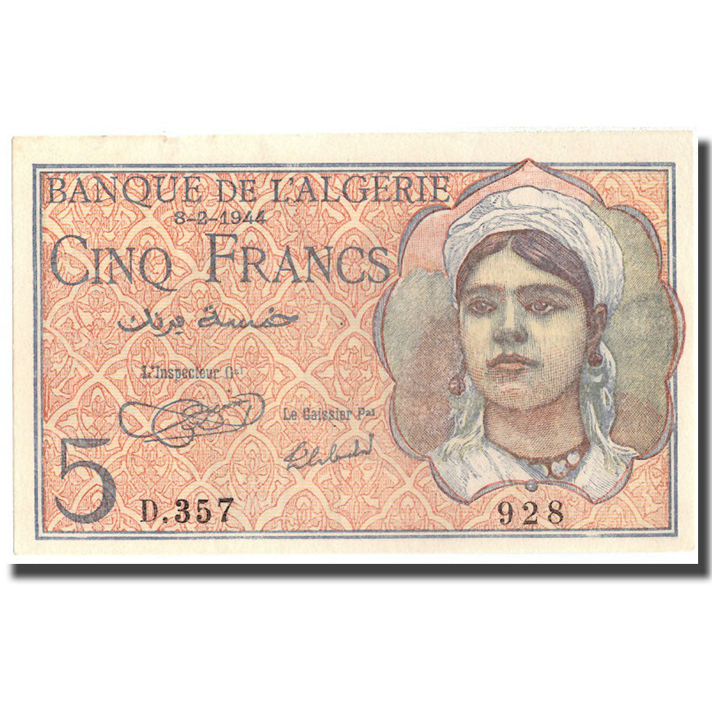Banknote, Algeria, 5 Francs, 1944, 1944-02-08, KM:94a, AU(50-53)