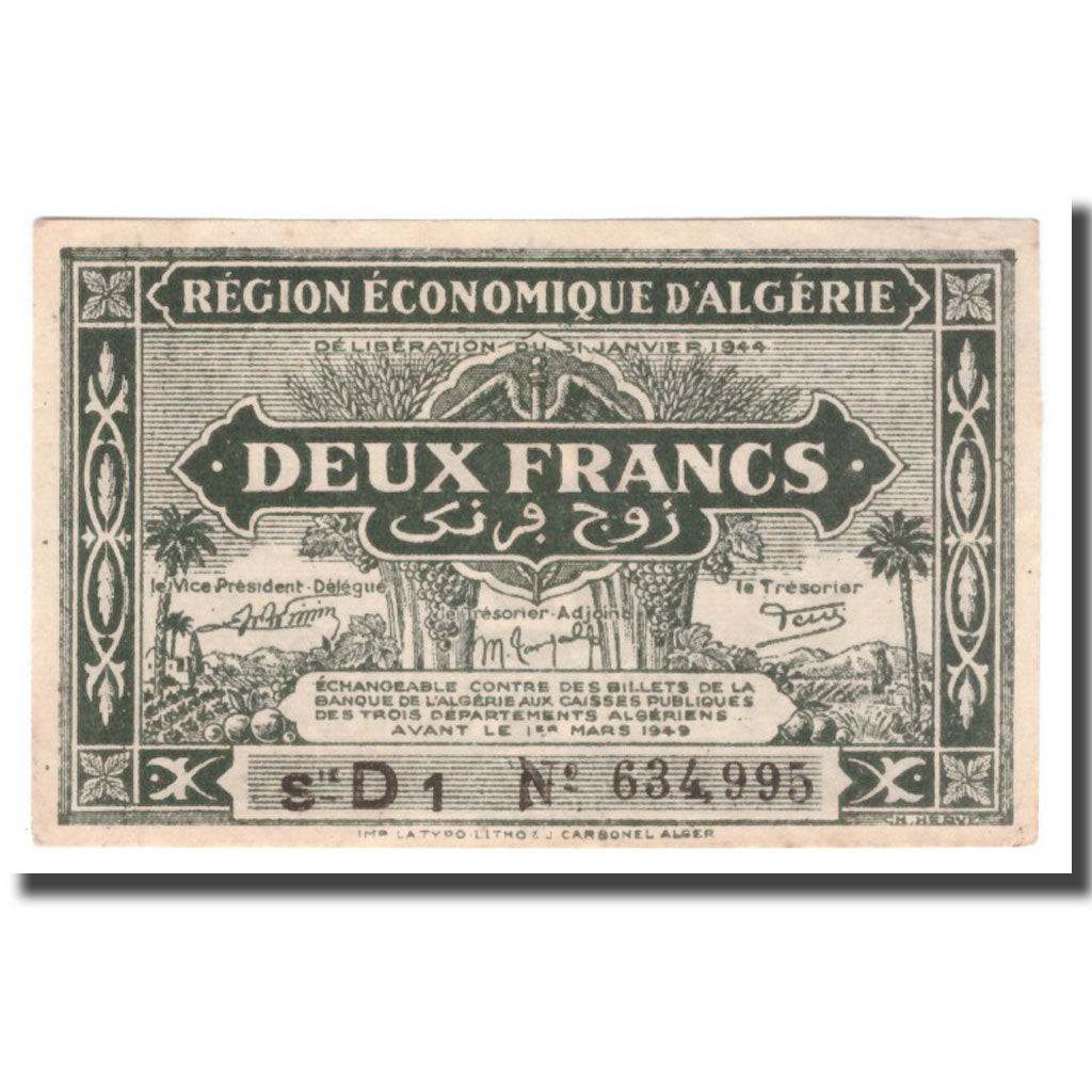 Banknote, Algeria, 2 Francs, 1944, 1944-01-31, KM:99b, AU(55-58)