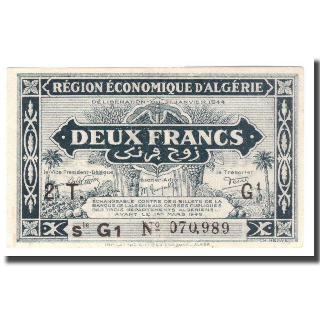 Banknote, Algeria, 2 Francs, 1944, 1944-01-31, KM:102, AU(55-58)