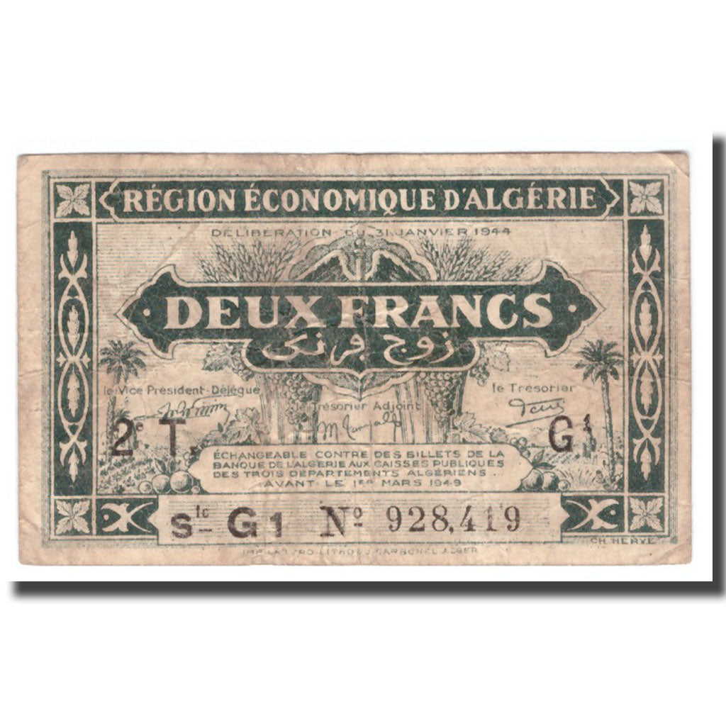 Billet, Algeria, 2 Francs, 1944, 1944-01-31, KM:102, B+