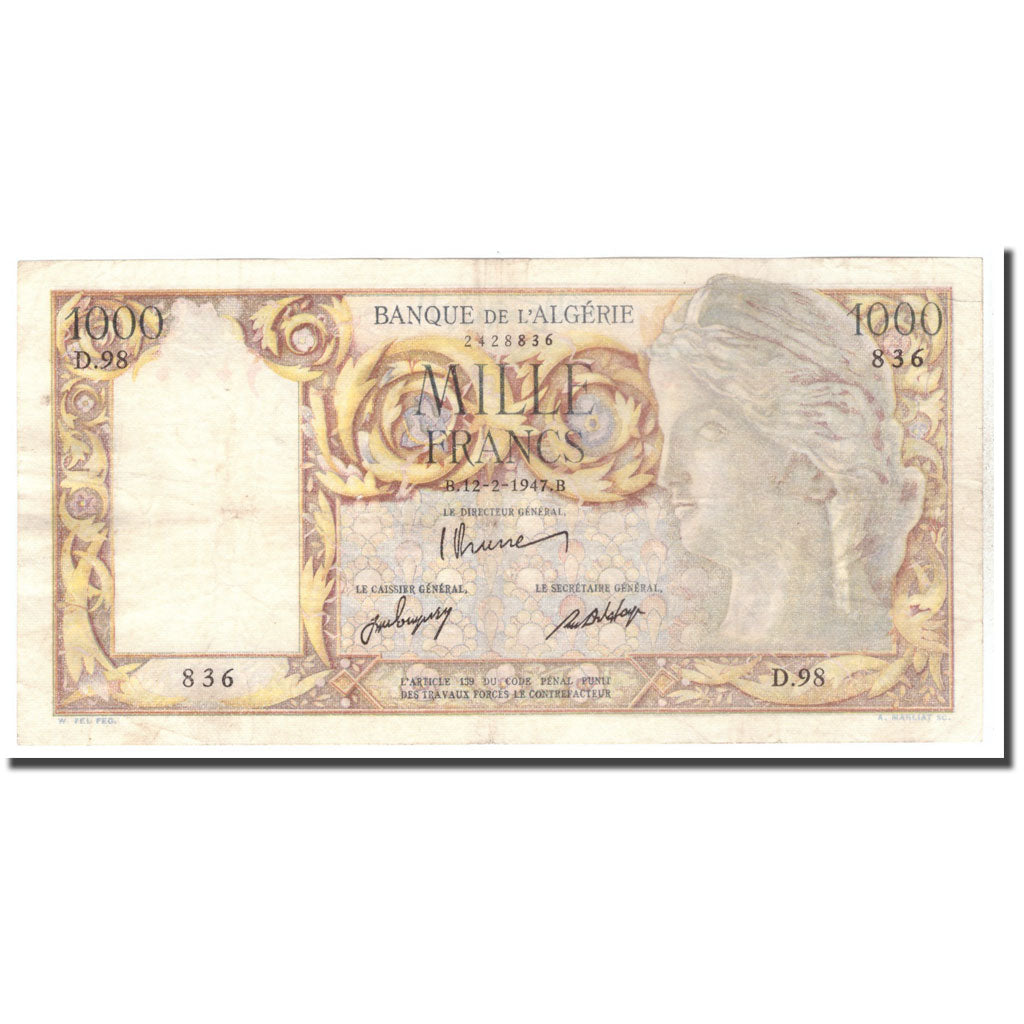 Banknote, Algeria, 1000 Francs, 1947, 1947-02-12, KM:104, AU(50-53)