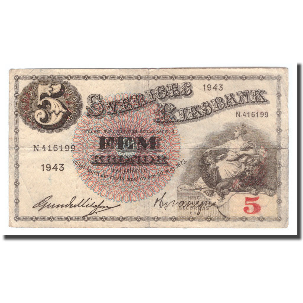 Banknote, Sweden, 5 Kronor, 1943, 1943, KM:33z, VG(8-10)