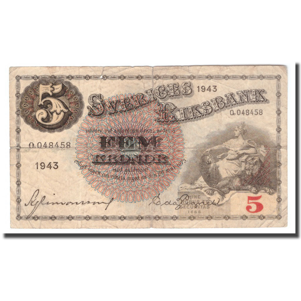 Banknote, Sweden, 5 Kronor, 1943, 1943, KM:33z, VG(8-10)